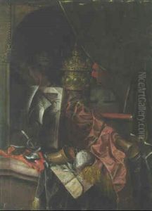 Dishes, A Book, Horns, A Telescope And Other Objects On A Draped Stone Niche