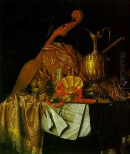A Still Life Of A Cello, A Flute, A Gilt Plate, Ewer And Bowl, With Fruits, All On A Marble Ledge by Franciscus Gysbrechts