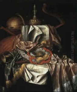Still Life With Musical Instruments, Book, Globe And Plate On Table