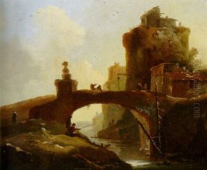 Fluslandschaft Mit Steinbrucke Un Anglern by Nicolas de Gyselaer