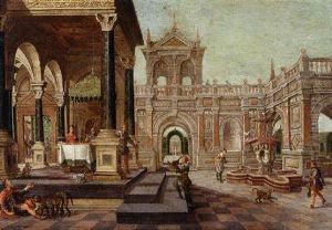 A Fantastical Palace Courtyard With Dives In The House Of Lazarus by Nicolas de Gyselaer