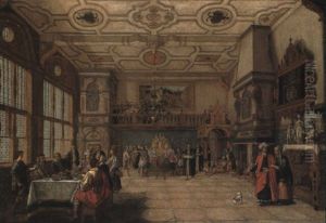 Lazarus At The Door Of A Banqueting Hall With Elegant Figures Dining by Nicolas de Gyselaer