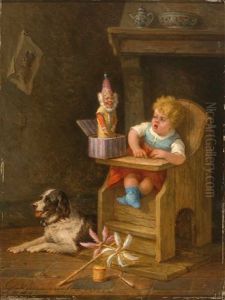 Kleinkind Im Kinderstuhl Erschrickt Vor Einem Schachtelteufel (clown) by Joseph Gyselinckx
