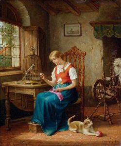 Interieur Mit Strickendem Madchen, Vogelkafig Und Spielender Katze
