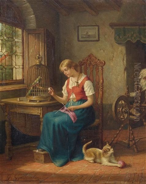 An Interior With A Woman And A Parrot - view 1