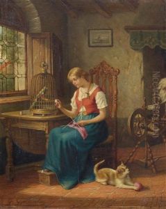 An Interior With A Woman And A Parrot
