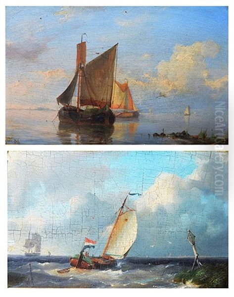 Sailing Vessels In A Calm And A Dutch Fishing Smack At Sea, A Pair - view 1