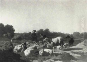 Drover With Goats And Sheep In A Landscape