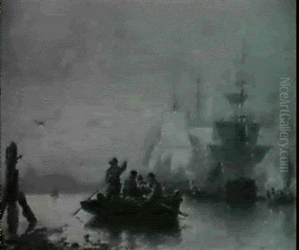 Shipping Moored On A River, With Fiures In A Rowing Boat Nearby - view 1