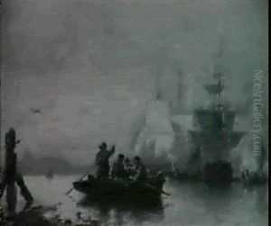 Shipping Moored On A River, With Fiures In A Rowing Boat    Nearby