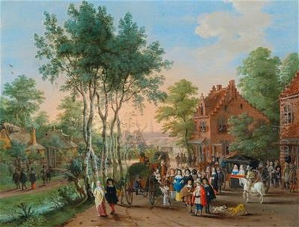 Elegant Travellers Visiting A Village By A River - view 1