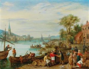 A River Landscape With A Harbour Scene by Peter Gysels