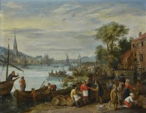 River Landscape With Figures Tasting And Trading Wine On The Bank by Peter Gysels