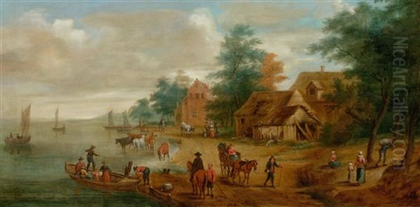 A Village By A River With Ships And Cows - view 1