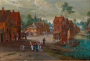 A Village Road With Numerous Figures by Peter Gysels