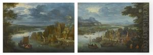 A Village By A River With A Sailing Boat; A Village By A River With Fishermen (pair) by Peter Gysels