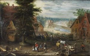 Travellers On A Cart Approaching A Village, With A River In The Distance by Peter Gysels