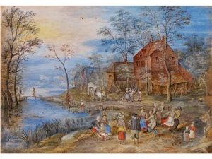 Bauerliche Genreszene Vor Gehoften Am Flussufer by Peter Gysels