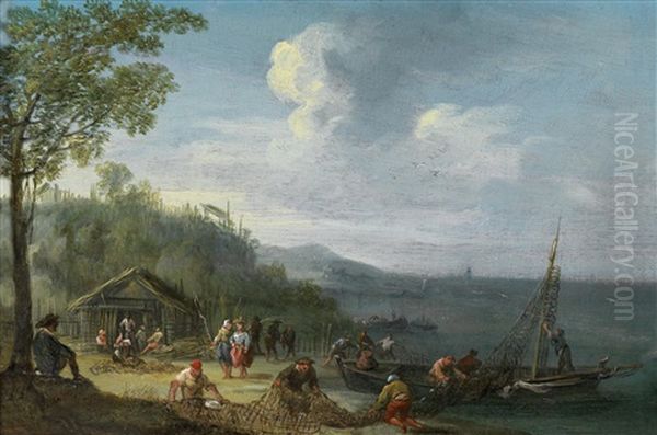 Kustenlandschaft Mit Fischern, Die Ihre Netze Reparieren - view 1