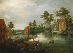 A River Landscape With Figures Unloading Their Boats Beside A Village