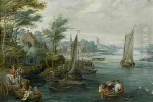 Hafenszene Mit Dorf Im Hintergrund