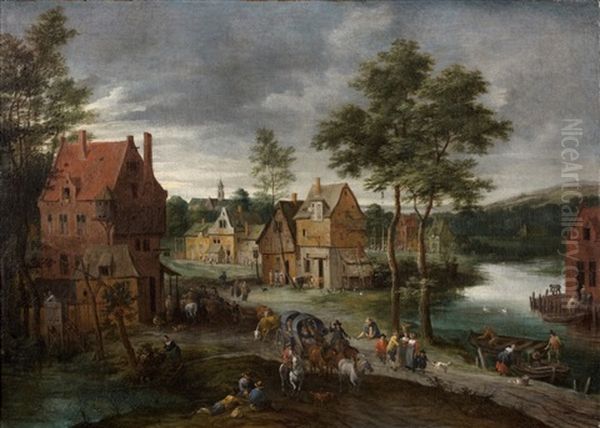 Scene De Village Animee Et Traversee D'une Riviere - view 1