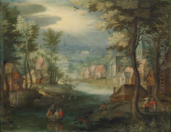 Flusslandschaft Mit Einem Dorf Und Bauerlicher Staffage - view 1