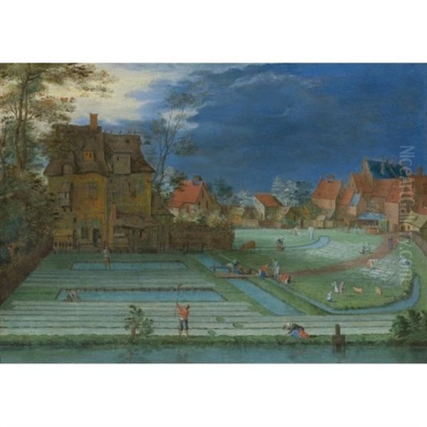 A Town With Figures Working In Bleaching Fields In The Foreground - view 1