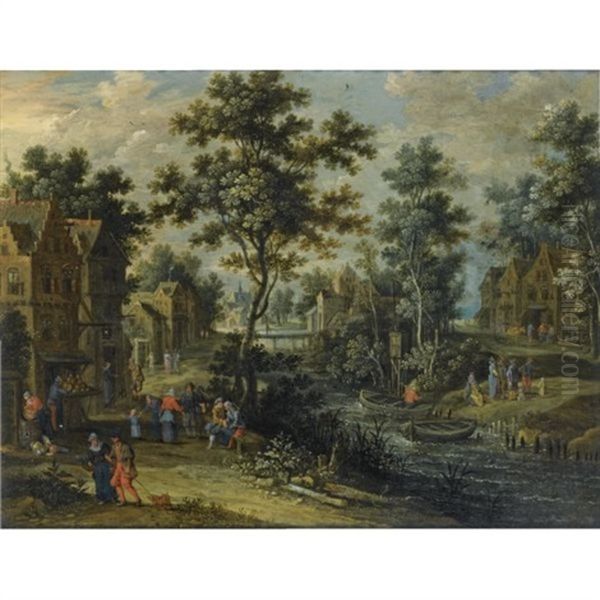 A Village Street In A Wooded Landscape With Villagers Drinking Outside An Inn, Other Figures On A Path Along The Riverside, An Elegant Company Halting Near A Ferry Boat - view 1
