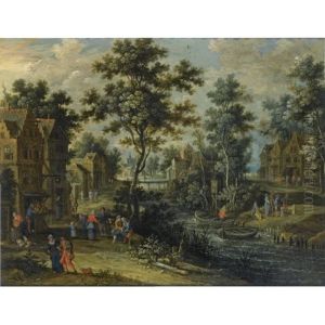 A Village Street In A Wooded Landscape With Villagers Drinking Outside An Inn, Other Figures On A Path Along The Riverside, An Elegant Company Halting Near A Ferry Boat by Peter Gysels