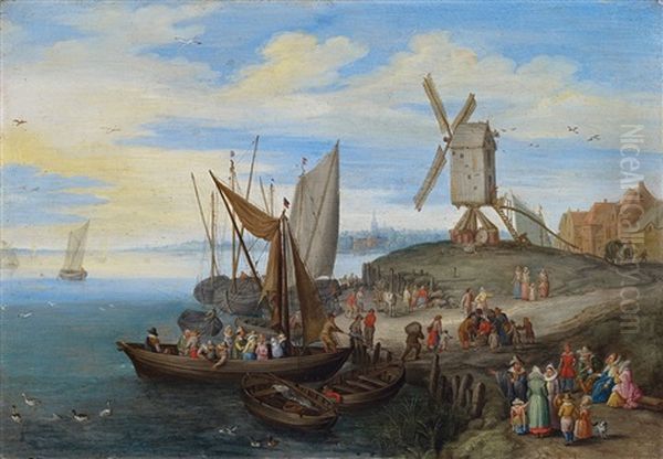 Hafenszene Mit Windmuhle Und Kaufleuten - view 1