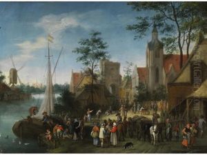 Volksansammlung Vor Dem Kirchplatz Am Flussufer by Peter Gysels