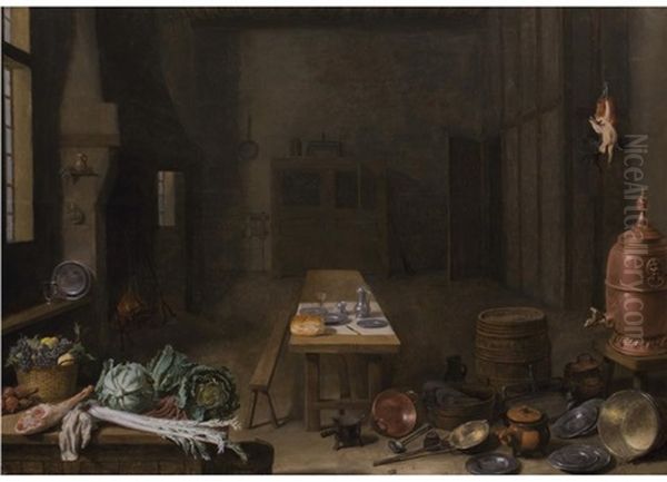 Kucheninterieur Mit Obst, Gemuse, Tisch, Zinn, Brot Und Kupfergefassen - view 1
