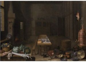 Kucheninterieur Mit Obst, Gemuse, Tisch, Zinn, Brot Und Kupfergefassen Kucheninterieur Mit Obst, Gemuse, Tisch, Zinn, Brot Und Kupfergefassen