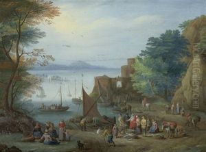Flusslandschaft Mit Fischern Am Ufer Flusslandschaft Mit Fischern Am Ufer