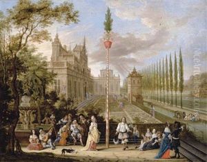 Elegant Company Making Music With A Lady And A Gentleman Dancing Around A Maypole, A Palace With An Ornamental Garden Beyond