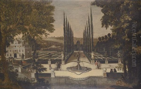 Elegant Figures Promenading In A Formal Garden - view 1