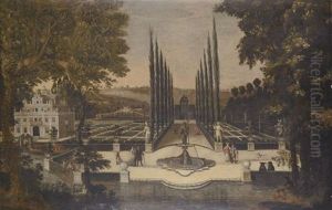 Elegant Figures Promenading In A Formal Garden by Peter Gysels
