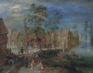 A Village Scene With Peasants Strolling By A River Bank
