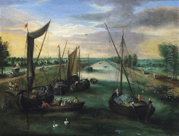 Eine Gracht Vor Der Stadt Antwerpen Mit Vielen Booten Und Figuren Sowie Einer Am Ufer Entlang Fahrenden Zweispannigen Kutsche - view 1