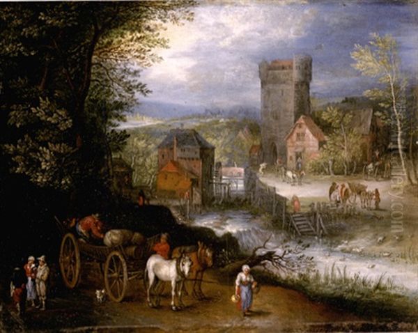 A River Landscape With A Watermill, Travellers, And A Horse And Cart In The Foreground - view 1