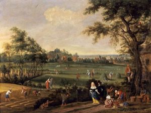 A Late Summer Landscape With Peasants Harvesting Corn, Raking Hay And Picking Fruit, Observed By An Elegant Couple On A Road by Peter Gysels