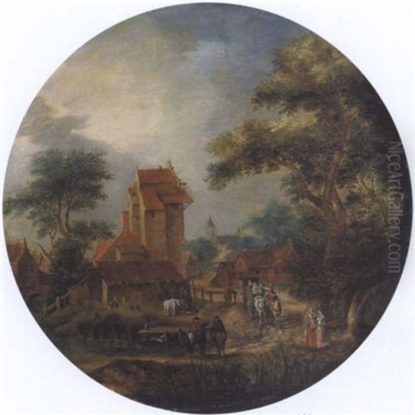 Blick In Ein Flamisches Dorf Mit Einem Hohen Torgebaude, Pferdewagen Und Reitern - view 1