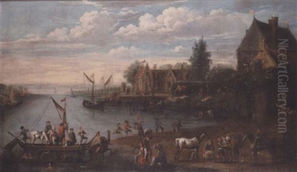 A Busy Riverside Town With Figures Disembarking From A Ferry - view 1