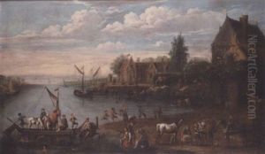 A Busy Riverside Town With Figures Disembarking From A Ferry