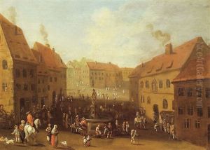 Vue De La Rue Principale D'un Village Flamand Avec Des Marchands Pres D'un Fontaine