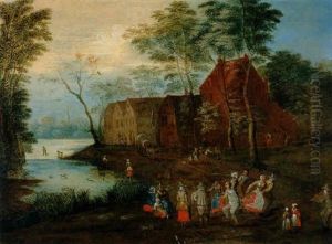 Bauernhauser An Einem Teich Mit Figuren by Peter Gysels