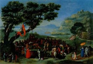 Kirmes Mit Ringkampfern Und Zuschauern In Einer Gebirgigen Flusslandschaft