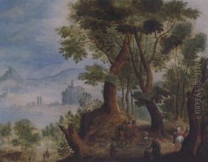 Reisende Am Waldrand. Links Ausblick Auf Eine Weite Gebirgslandschaft