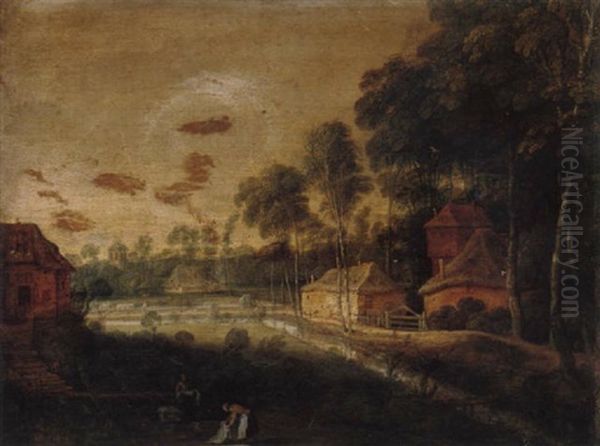 A Village Scene With Figures Bleaching Linen In The Foreground, A Waggoner Beyond - view 1
